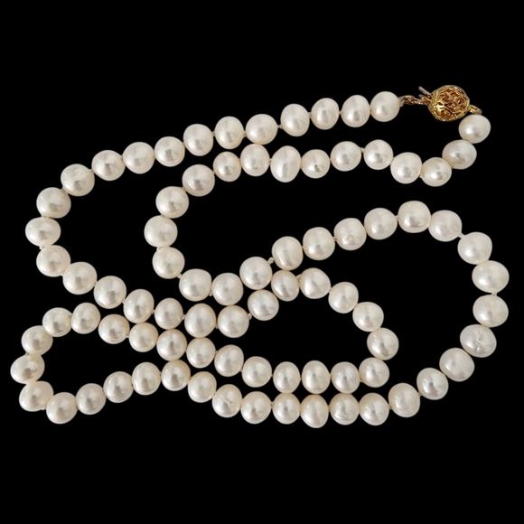 Pearl necklace hand knotted white pearls gold filigree ball claspA0057 -Q1